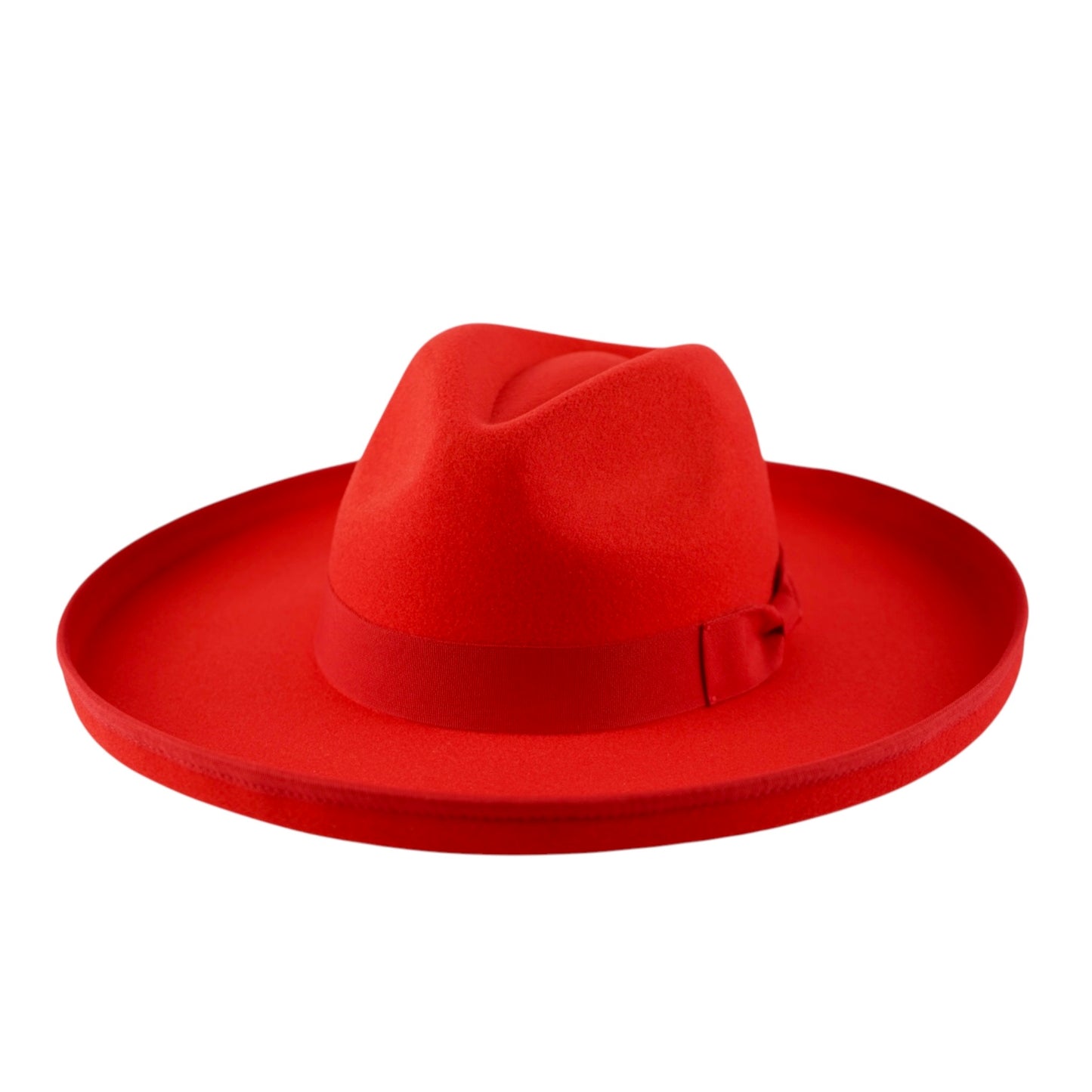 A red color wide brim fedora with a bowtie headband.