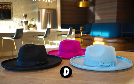 An image of 3 pencil brim fedoras in various colors