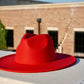 Red color wide brim unisex fedora hat.