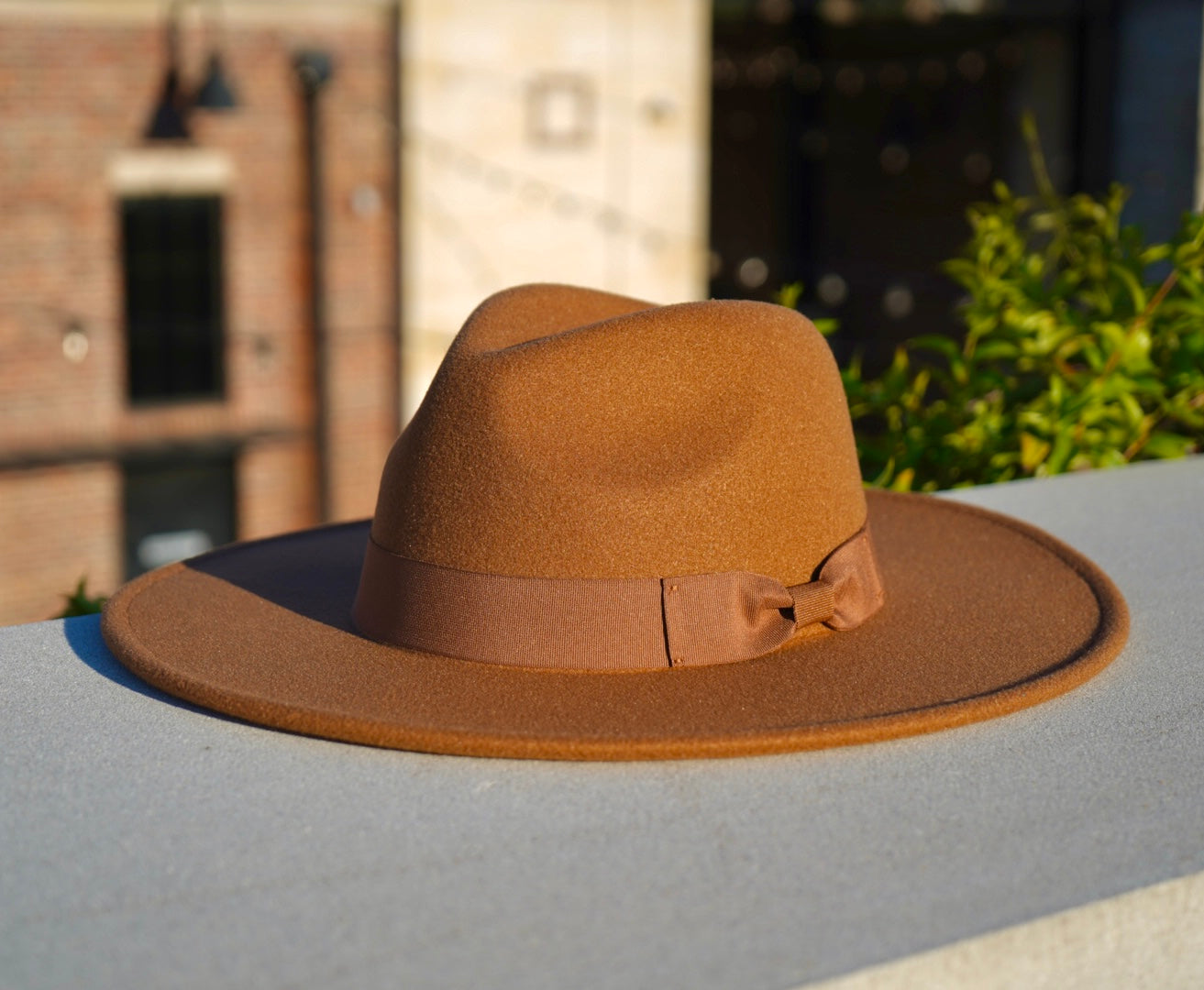 A dark an colored wide brim fedora with a ribbon headband.