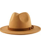 Khaki colored classic wide brim fedora with a leather headband.