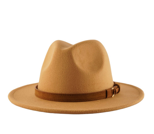 Khaki colored classic wide brim fedora with a leather headband.