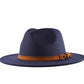 Navy blue color wide brim fedora hat with a leather headband.