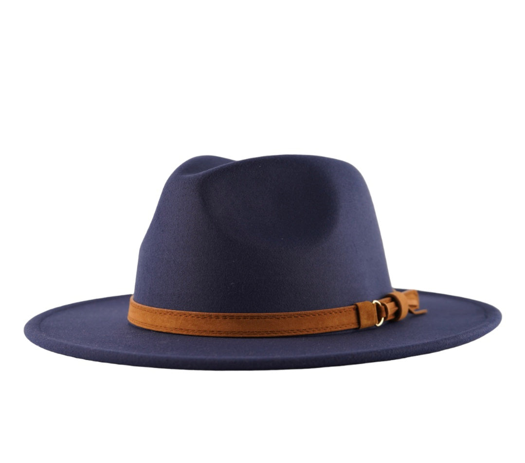 Navy blue color wide brim fedora hat with a leather headband.