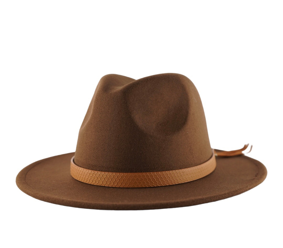 Brown color classic fedora with a leather headband.