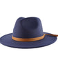 Navy blue classic fedora with a leather headband.