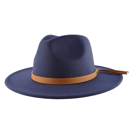Navy blue classic fedora with a leather headband.
