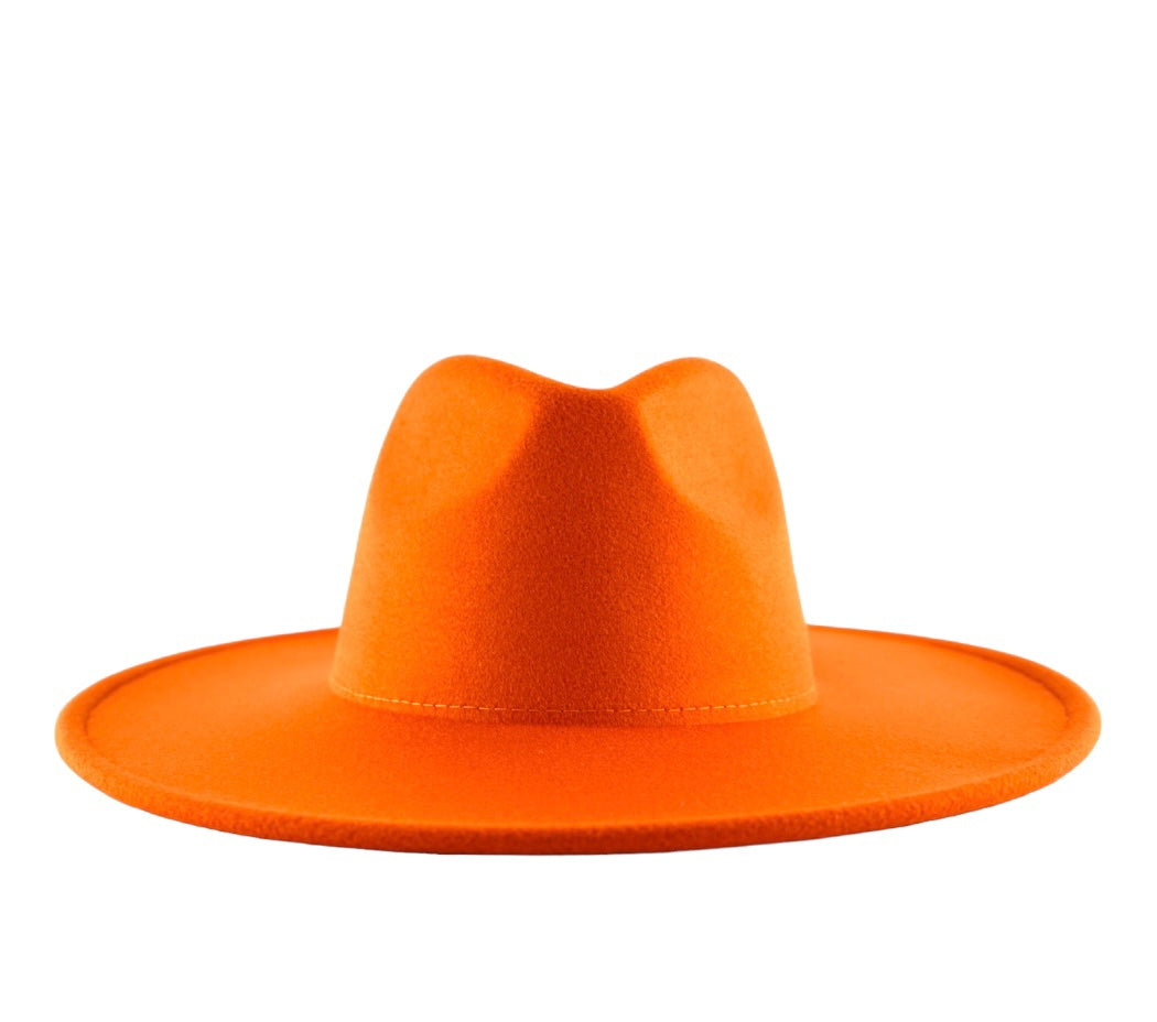 A wide brim fedora in orange color.