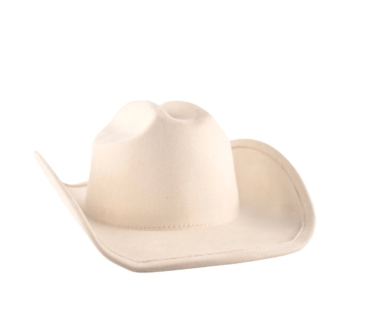 A faux suede cowgirl hat in a cream color.