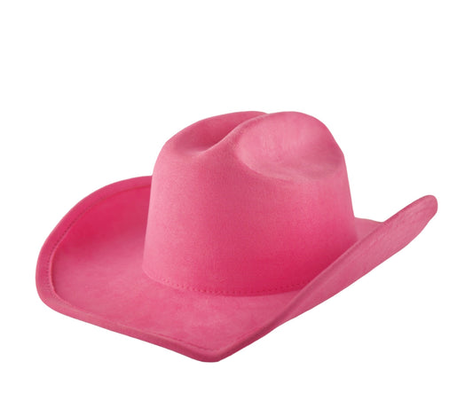 A pink colored cowgirl hat with a suede finish.