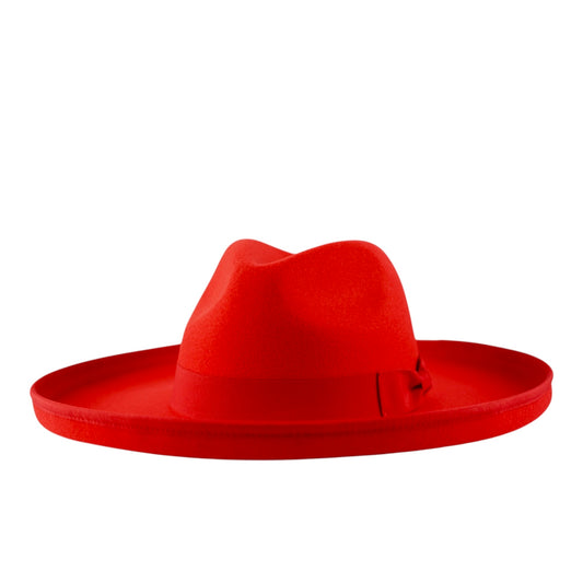 A red color pencil brim fedora hat.