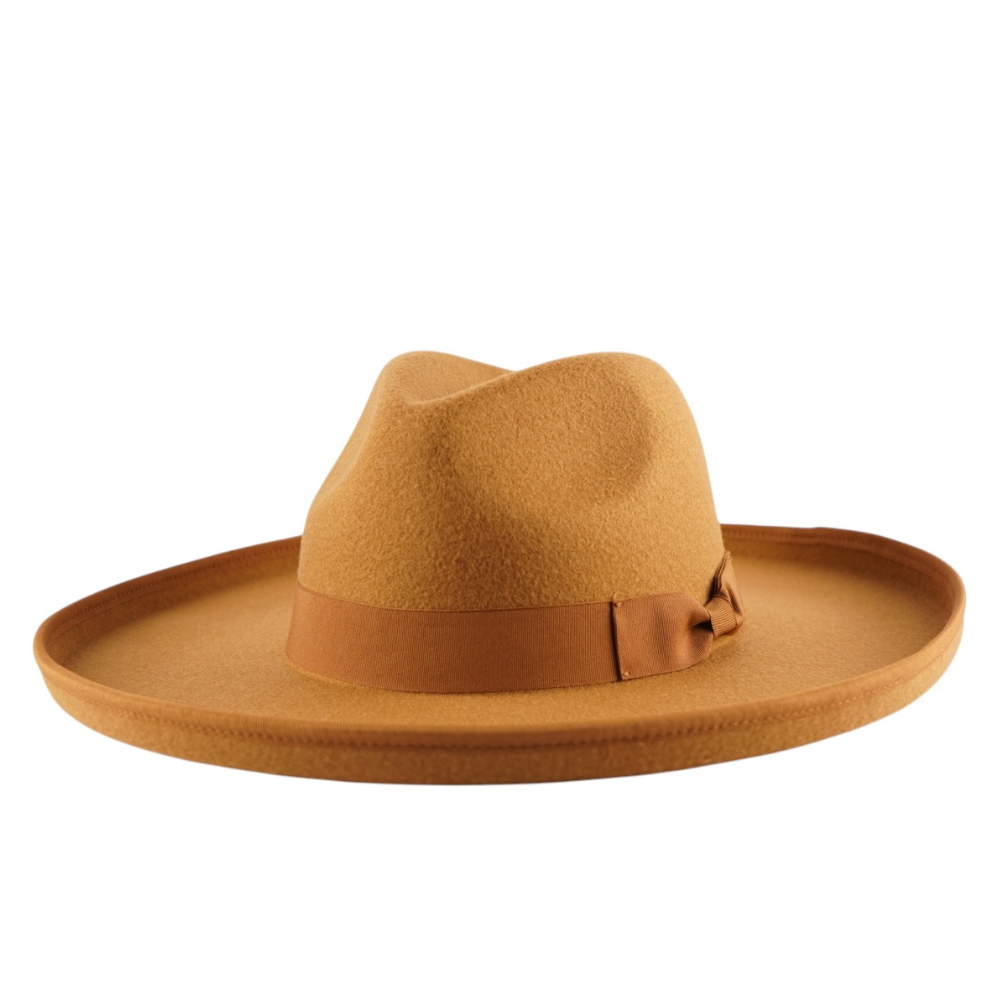 A dark tan color unisex pencil brim fedora hat.