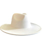 Side view of a white color large brim fedora.