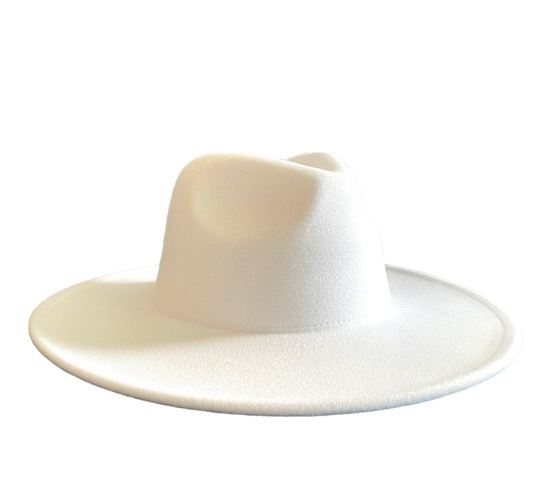 Side view of a white color large brim fedora.