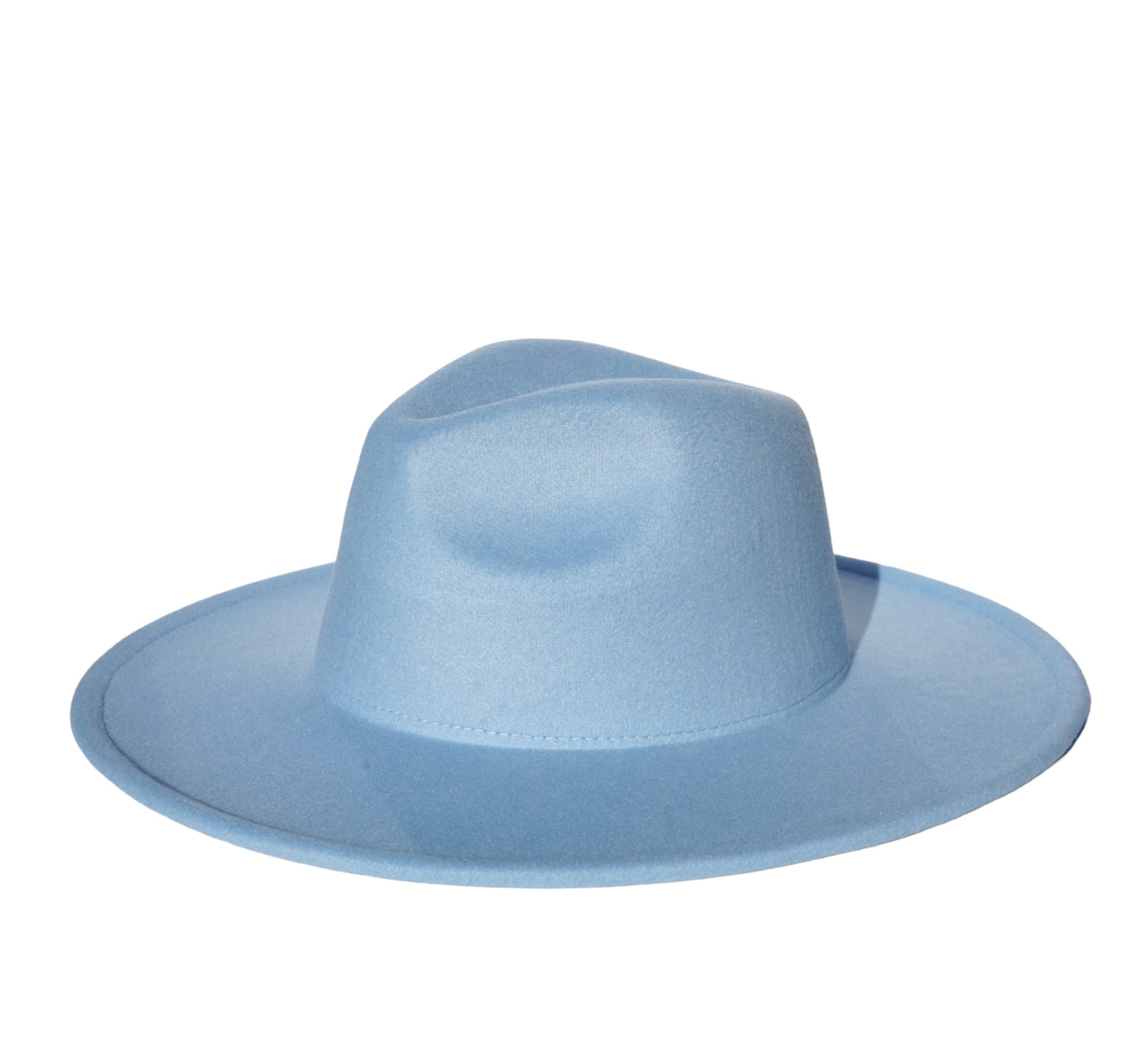Side view of a baby blue large brim fedora.