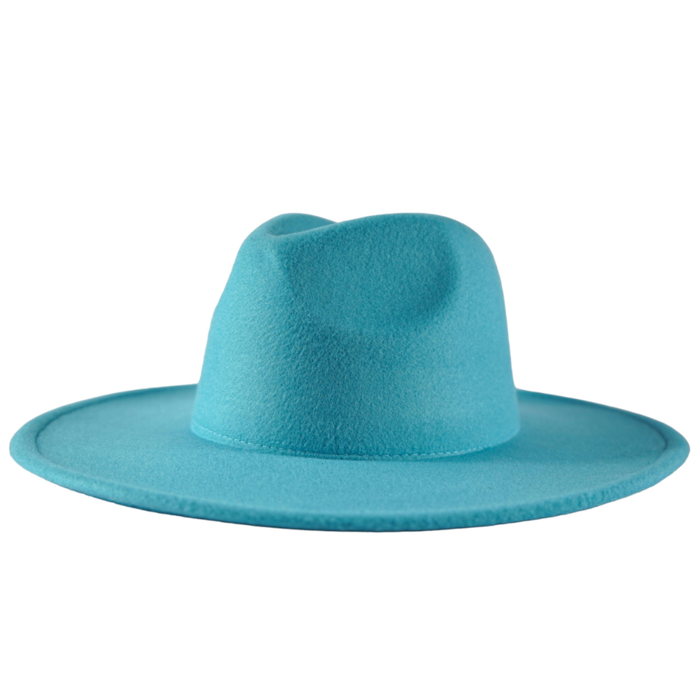 Side view of a teal colored fedora.