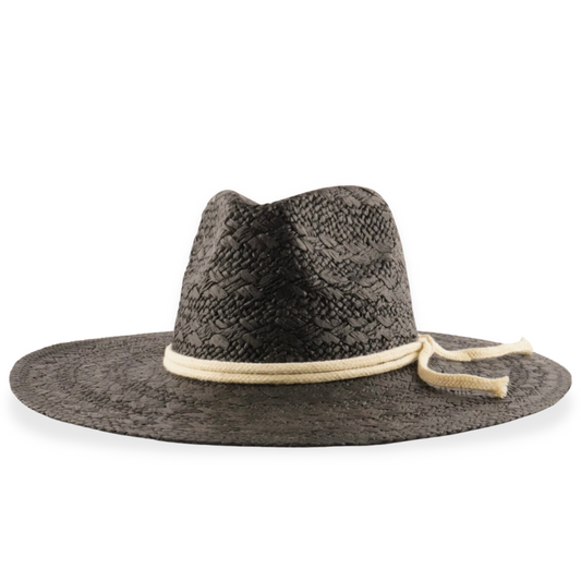 Black wide brim sun hat with a white rope headband.