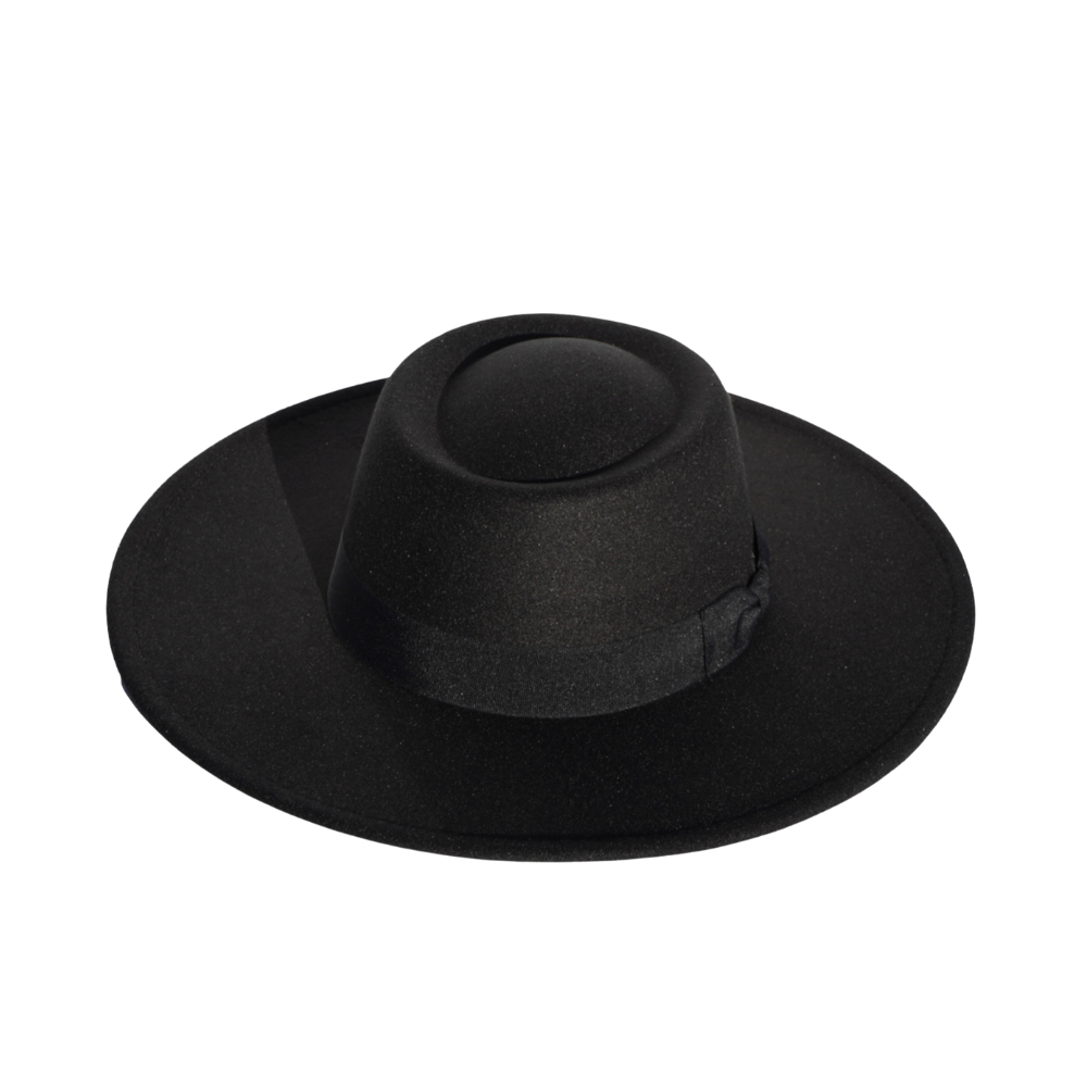 A black hat with a ribbon and a bolero crown.