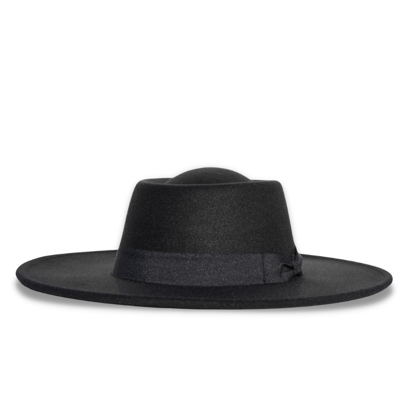 Bolero style hat with ribbon in black color.