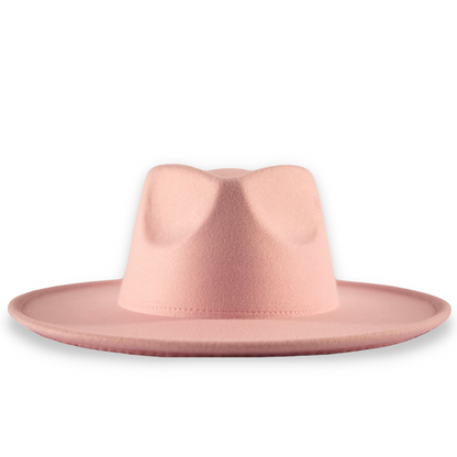 Women's rose pink large brim fedora hat.