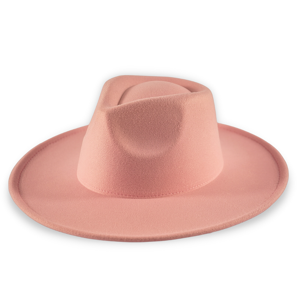 Side view of a rose pink wide brim hat.