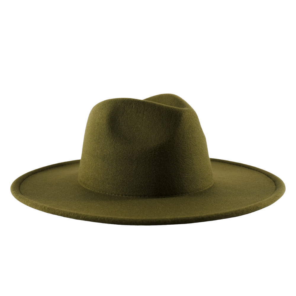 Side view of a wide brim green colored fedora.