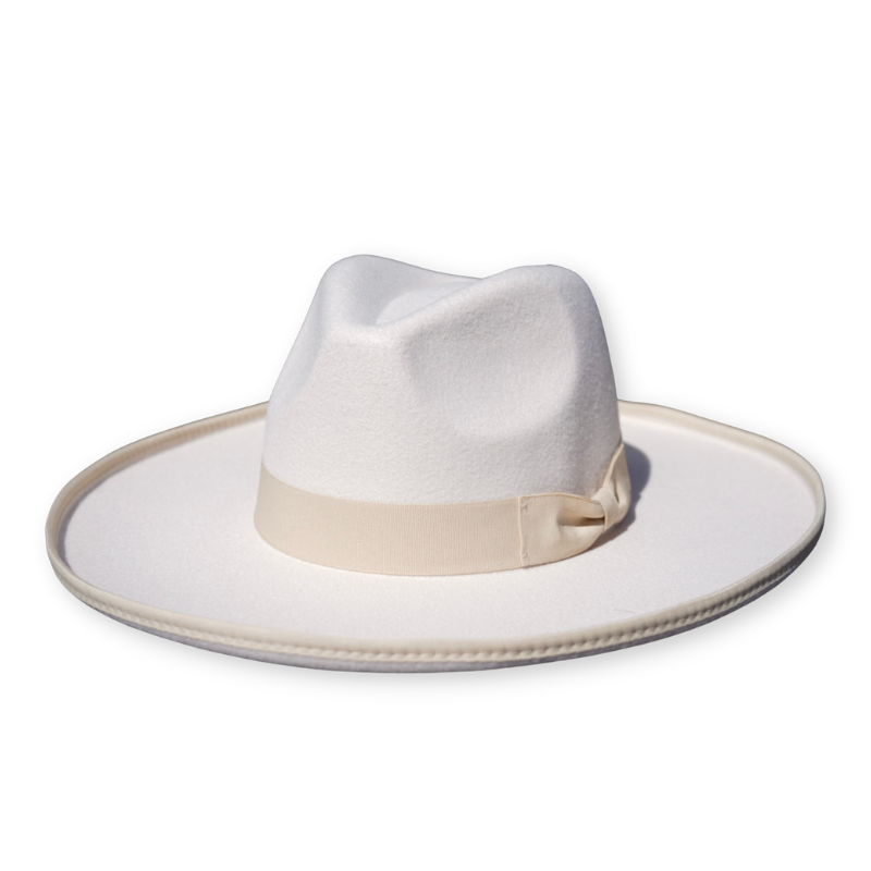 White color pencil curl brim fedora hat with a bowtie headband.