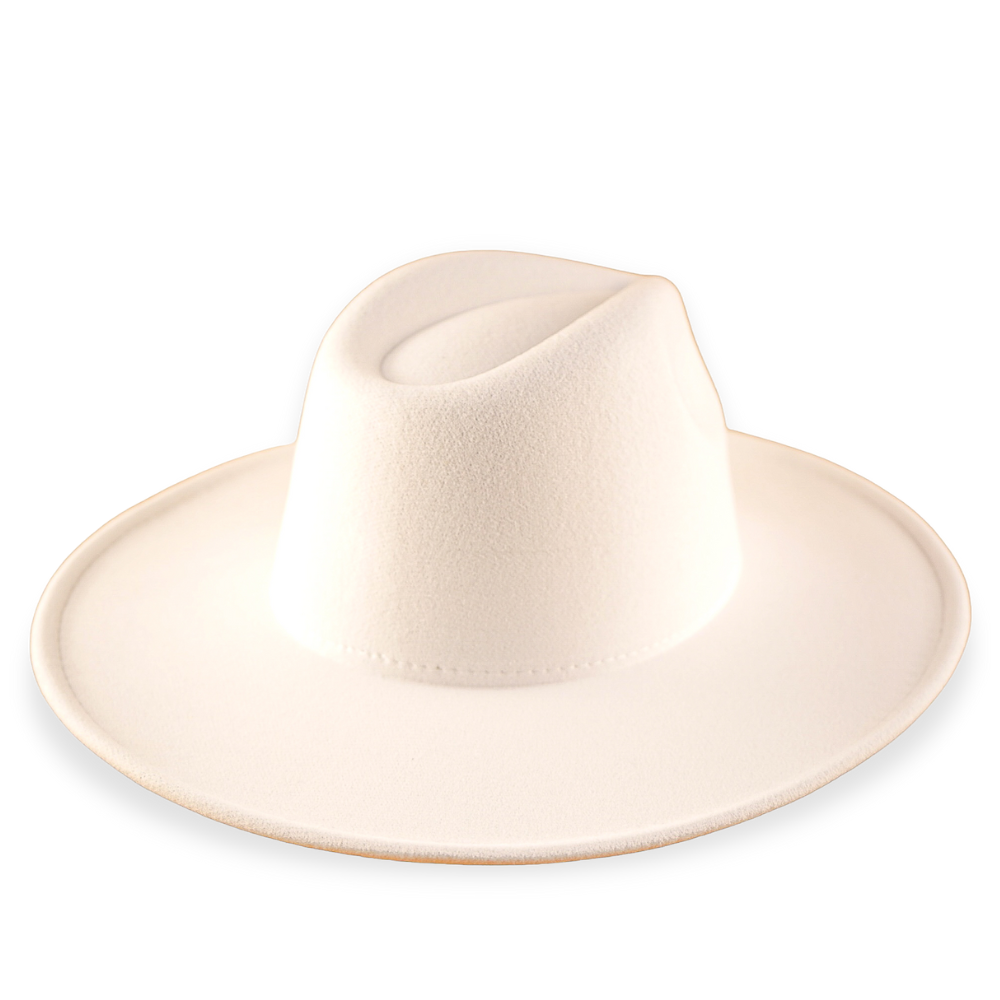 Rear view of a white fedora with a tear drop crown.